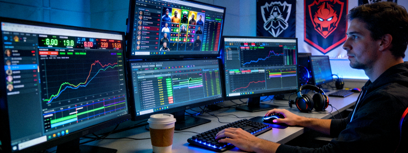 电竞比赛后台数据分析师工作场景 - 多块屏幕显示着复杂的比赛数据图表