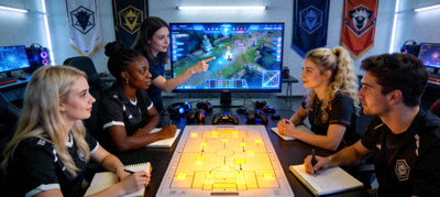 女性电竞选手在训练基地与队友讨论战术 - 展现电竞行业的多元化